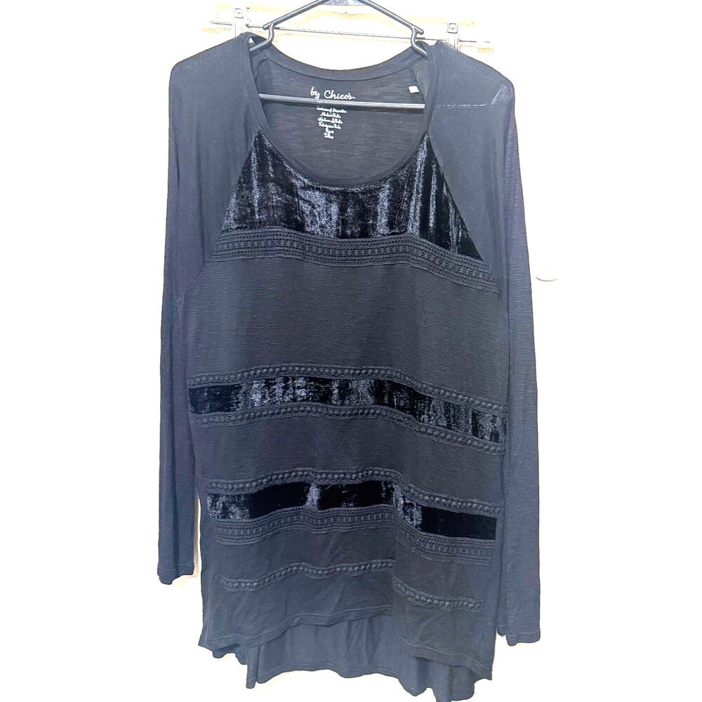 By Chico's black velvet burnout tunic shirt lace trim long sleeve top Size 2/L